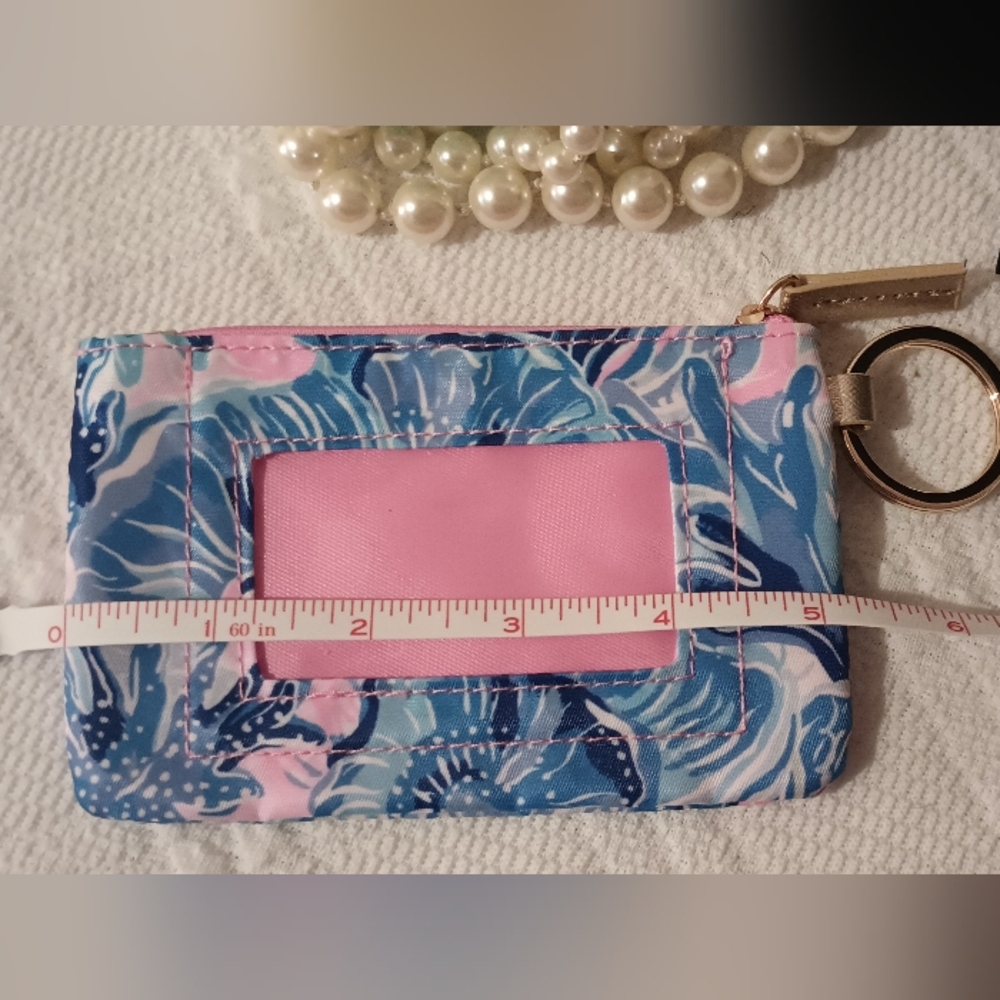 NEW Lilly Pulitzer ID Case Shade Seekers Coin Purse Keychain Gold Trim Pink Blue - Picture 9 of 15